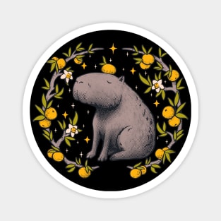 Cottagecore Aesthetic Capybara Chilling With Orange on Head | Goblincore Capy Yuzu Citrus Fruit Blossom Flowers Meditating - Dreamcore Fairytale Mycology Fungi Shrooms Forager Foraging Pet Mat Bandata Magnet